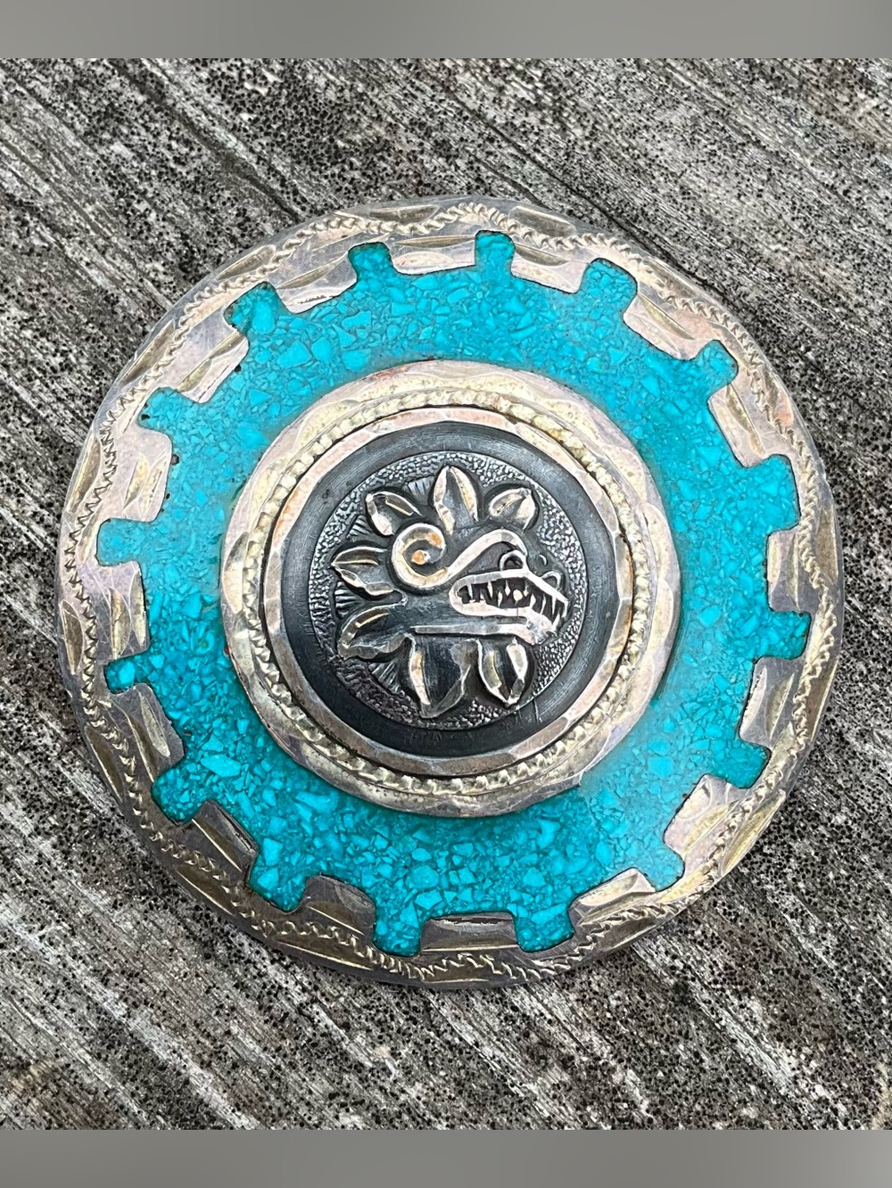 Vtg Mexico 925 Silver Inlay Aztec Myan Brooch Pendant